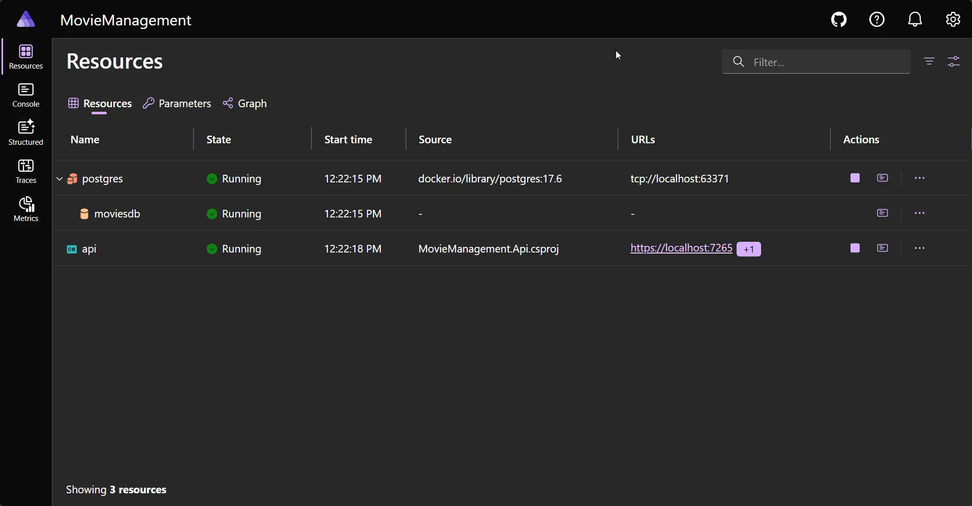The .NET Aspire dashboard with the API and PostgreSQL running from a single command The .NET Aspire dashboard showing the MovieManagement resources - a postgres container, the moviesdb database, and the api project - all in a Running state with their endpoint URLs