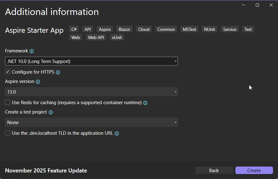 Selecting .NET 10 target framework for Aspire 13 project