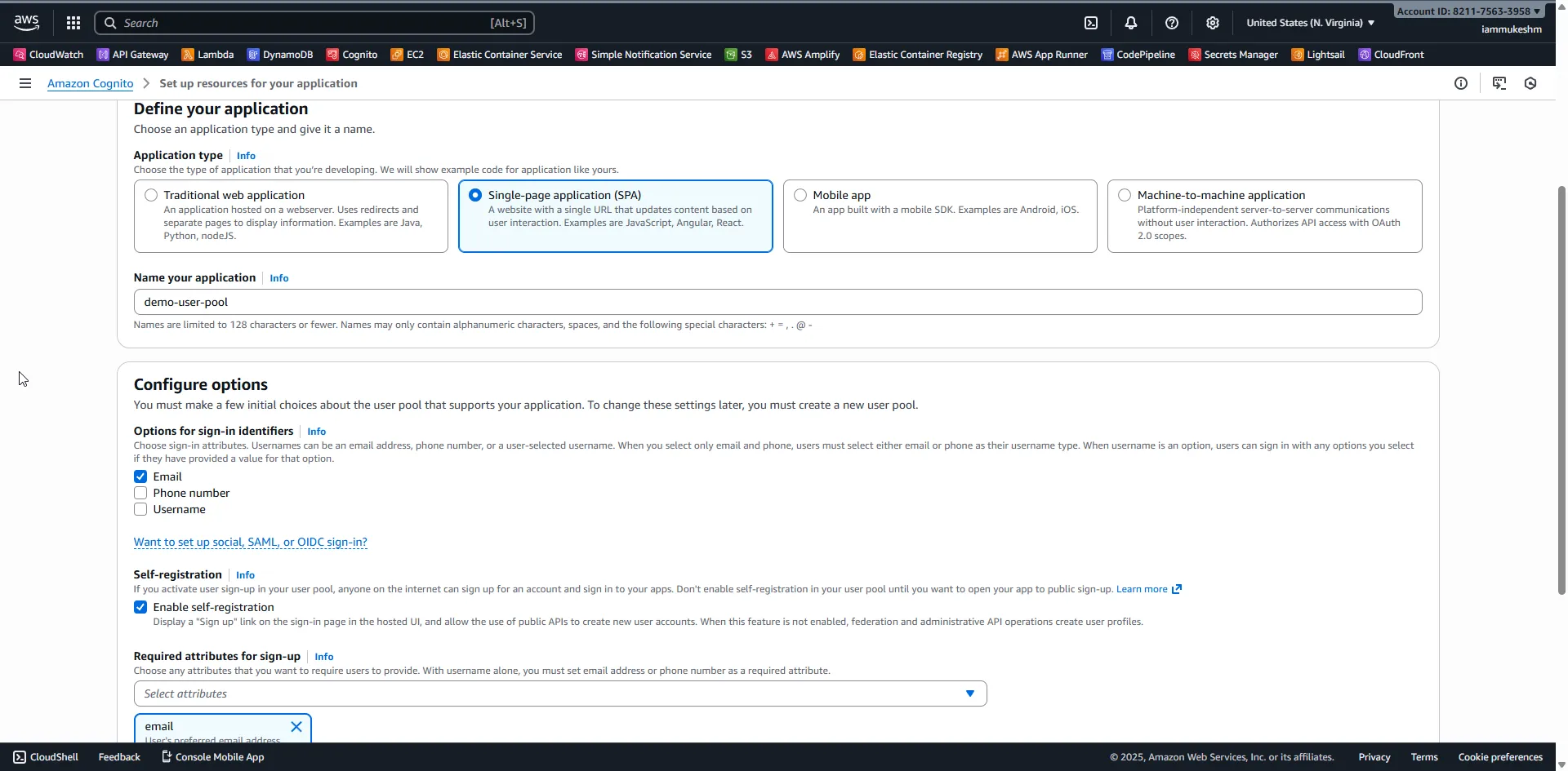 Create Cognito user pool for SPA