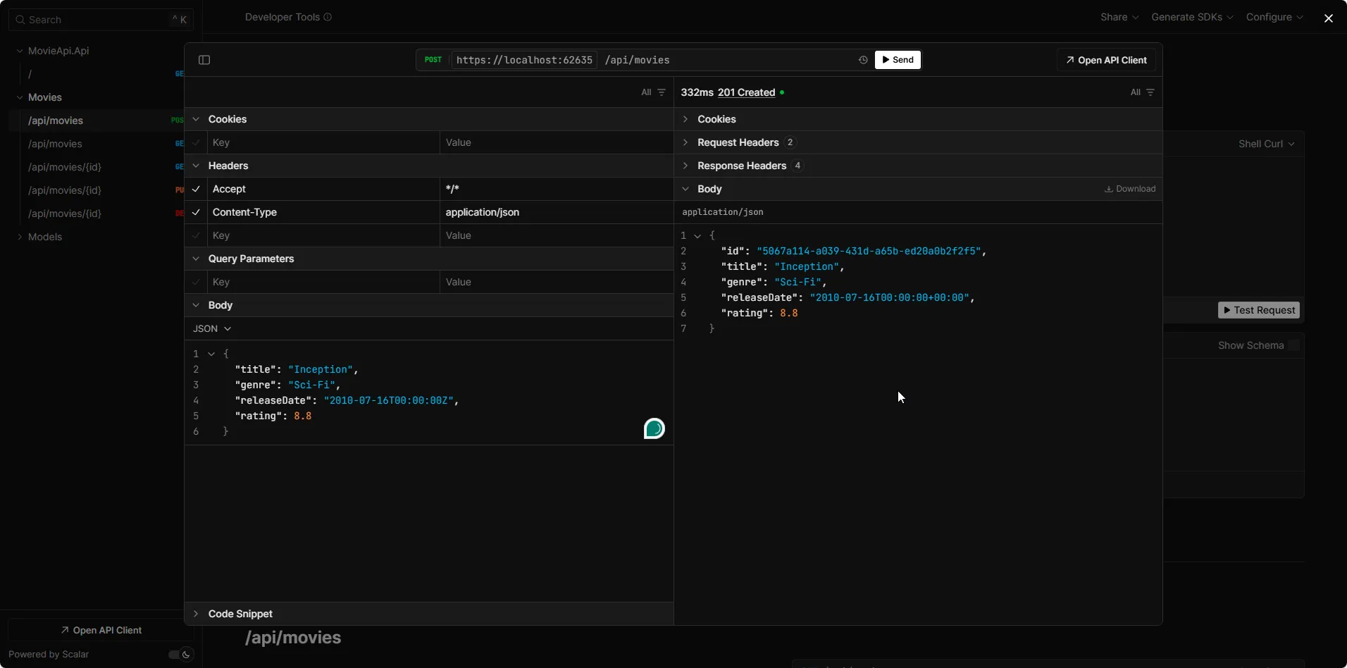 POST /api/movies endpoint in Scalar UI interface ready to create new movie entity with JSON request body containing title genre releaseDate rating fields for Entity Framework Core PostgreSQL