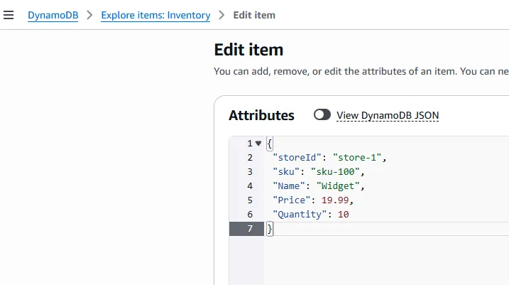 DynamoDB console after PutItem DynamoDB console after PutItem
