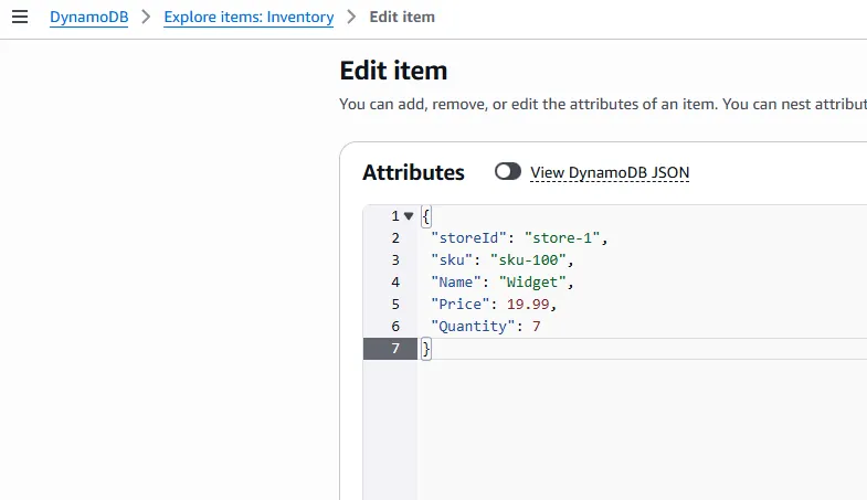 DynamoDB console after UpdateItem DynamoDB console after UpdateItem