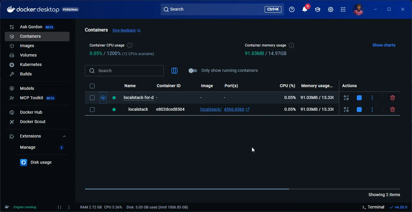 LocalStack container running in Docker Desktop