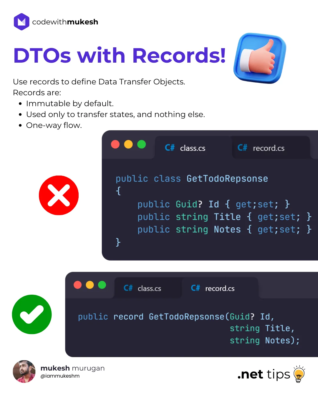 Visual Studio showing a record type ProductDto defined as an immutable DTO in .NET 10