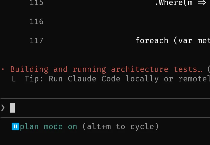 Claude Code Plan Mode - think before you code Claude Code Plan Mode indicator showing read-only mode in bottom left corner