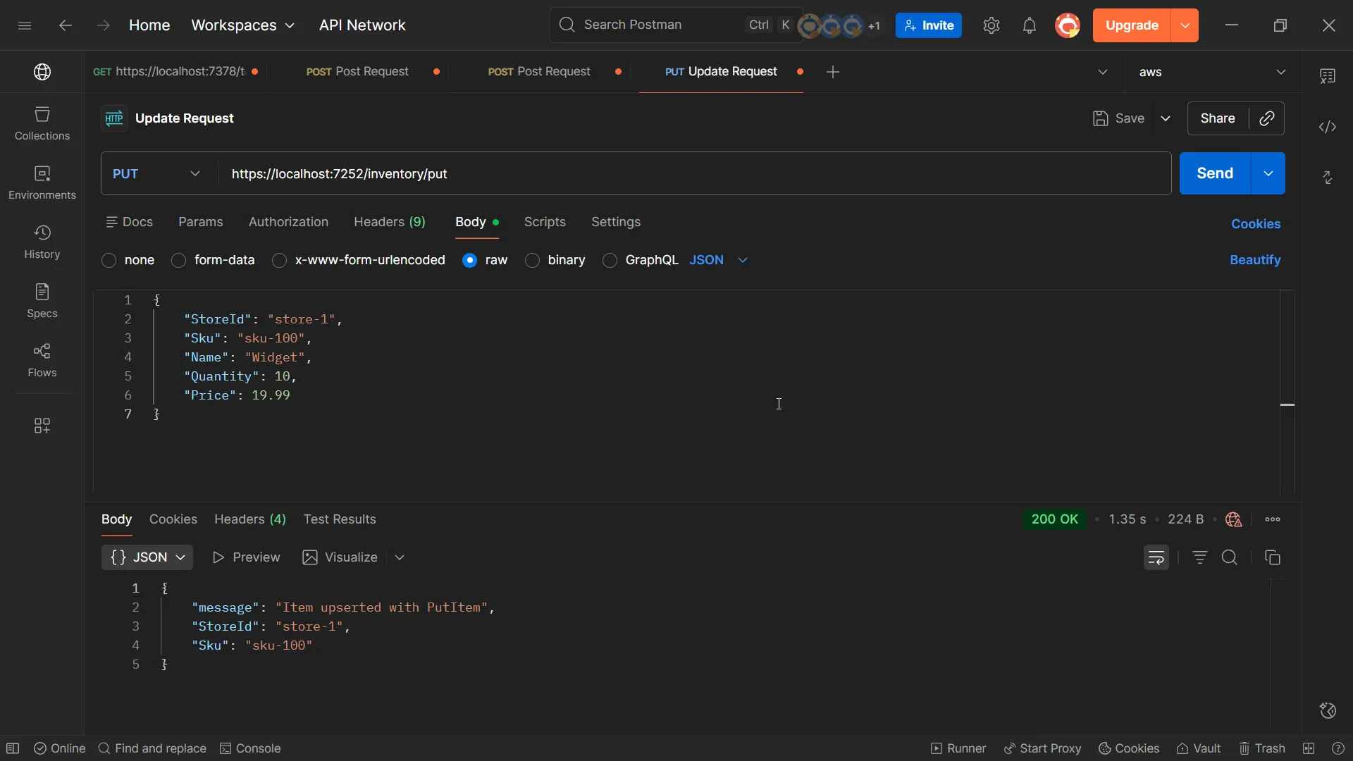 Postman showing PutItem success Postman showing PutItem success