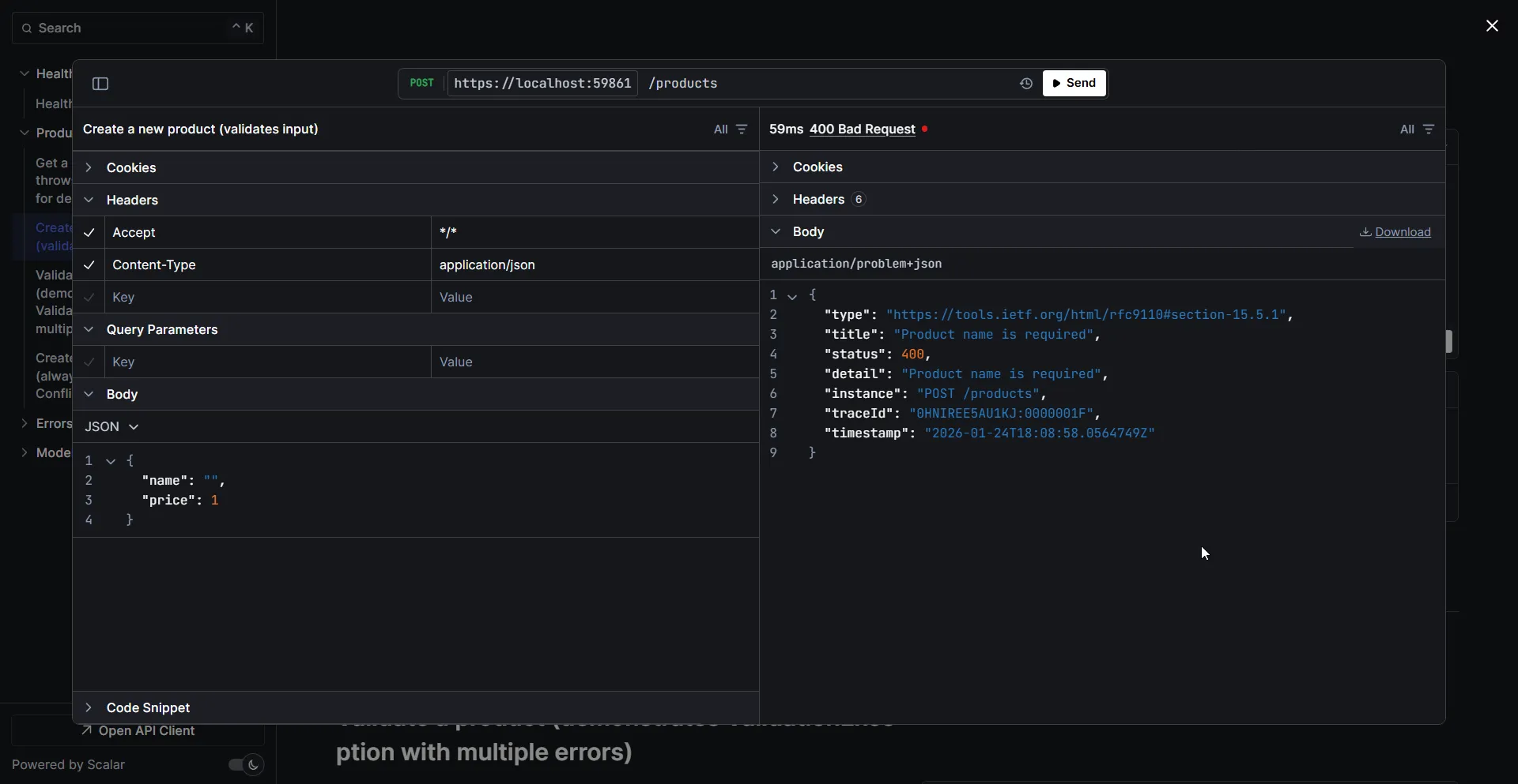 400 Bad Request response in Scalar API documentation Scalar API showing 400 Bad Request with ProblemDetails response