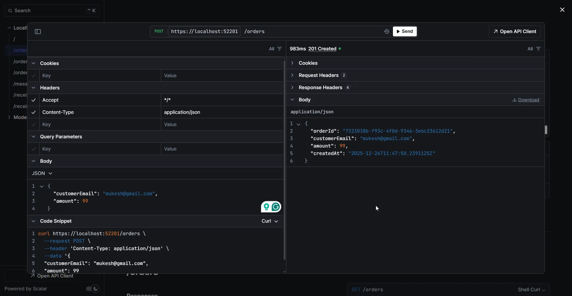 Scalar showing successful order creation
