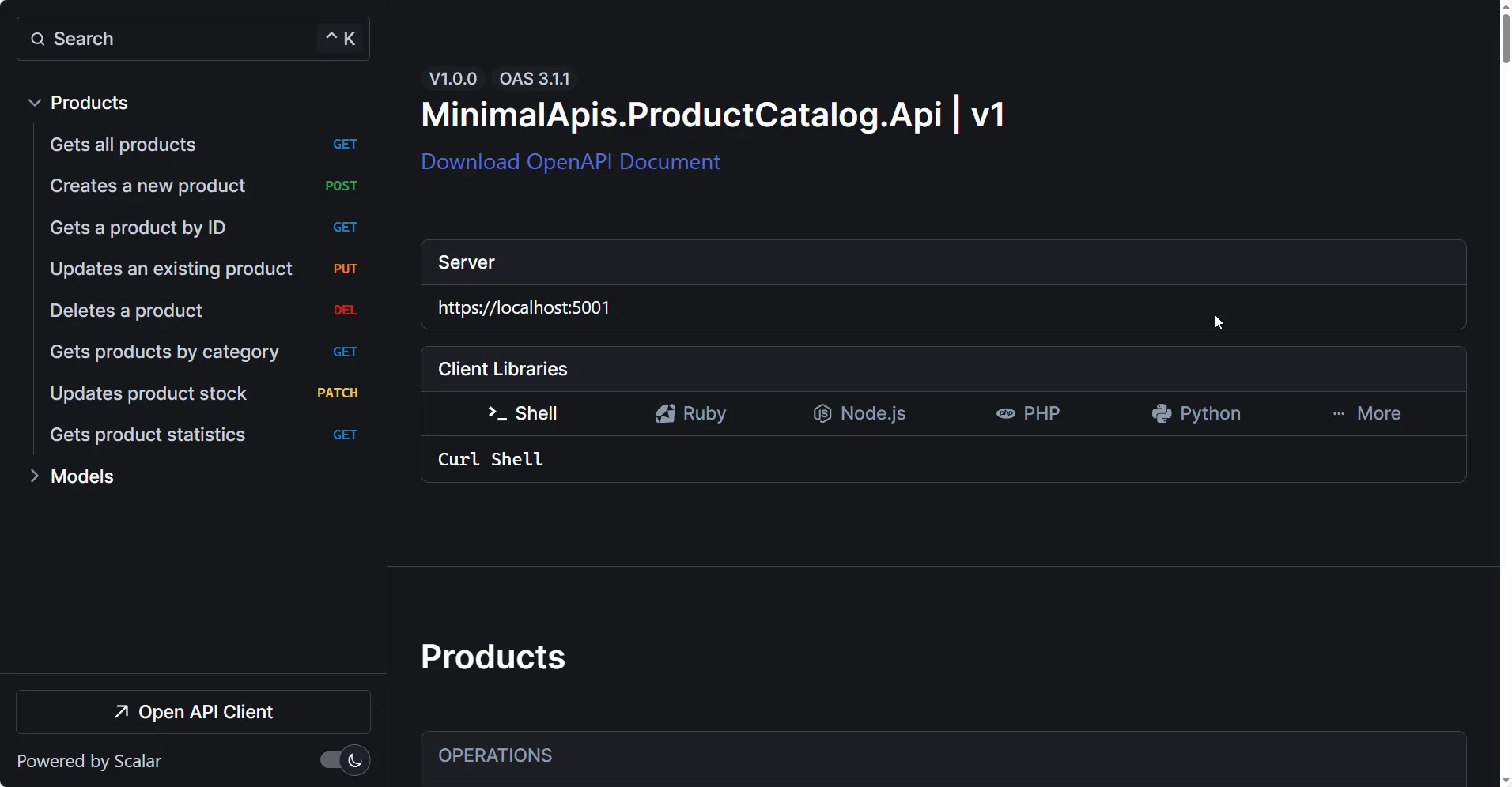 Scalar API Reference showing Product endpoints