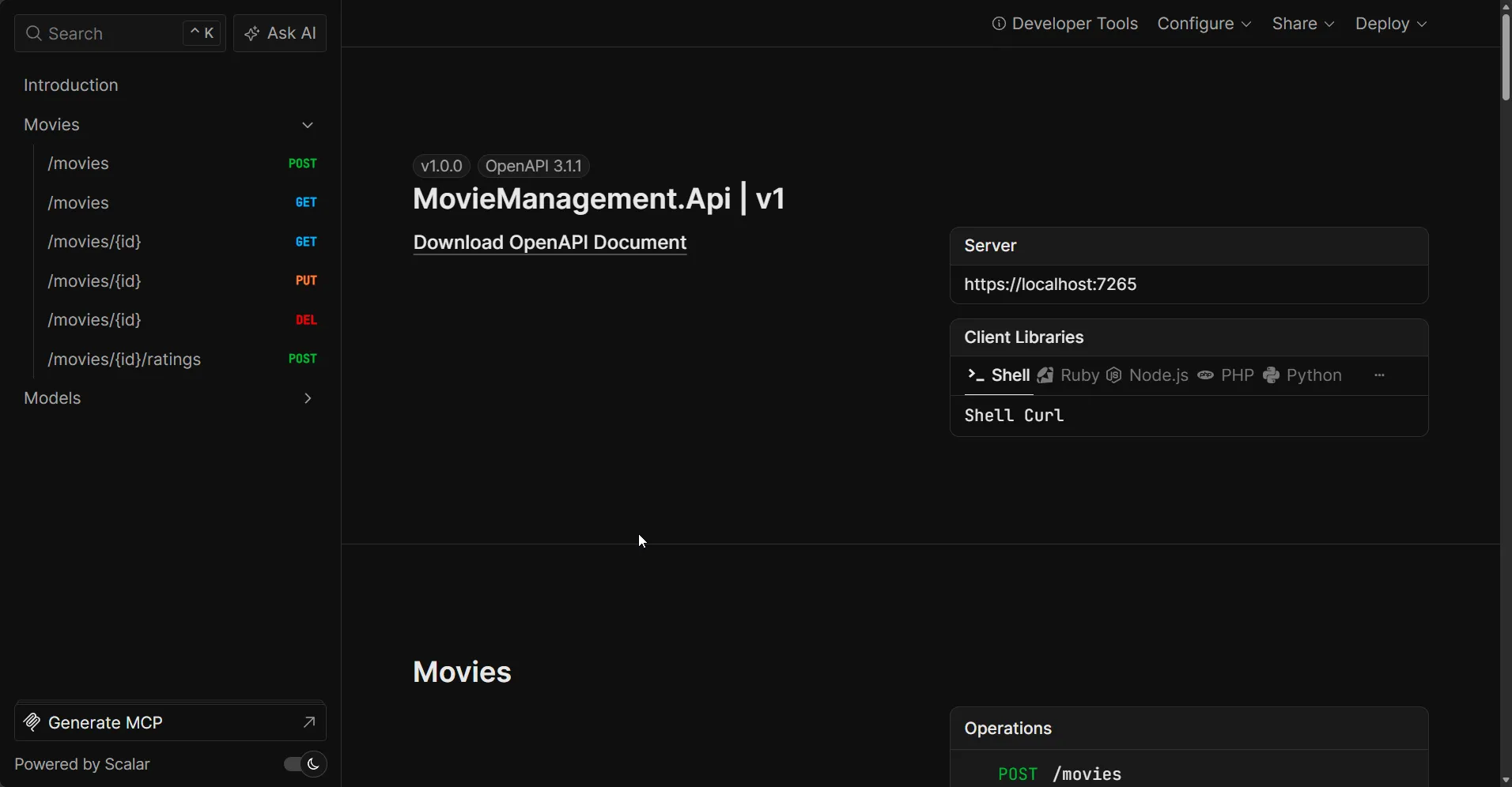 The Scalar UI rendering every movie endpoint from the generated OpenAPI document The Scalar API reference UI for the MovieManagement .NET 10 Web API, listing the movie endpoints in the sidebar - POST, GET, PUT and DELETE /movies plus POST /movies/id/ratings - generated from the OpenAPI 3.1.1 document