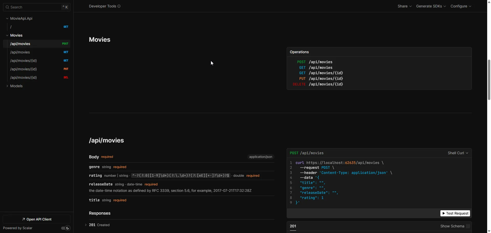 Scalar API documentation interface displaying ASP.NET Core 10 Web API CRUD endpoints with interactive testing tools for Entity Framework Core PostgreSQL movie operations including GET POST PUT DELETE methods