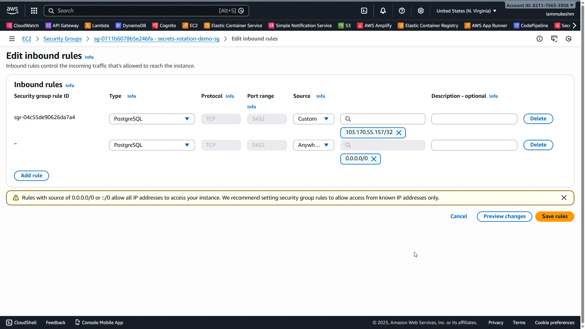 Allow PostgreSQL traffic on port 5432 Security Group Inbound Rules