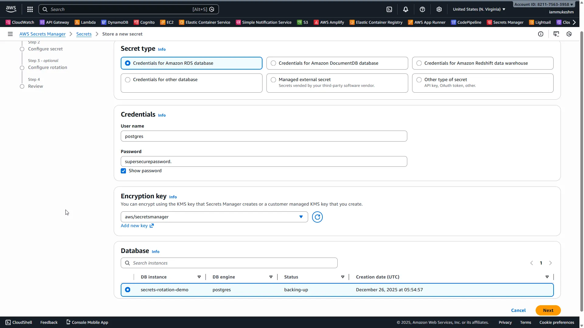 Select 'Credentials for Amazon RDS database' Store New Secret - Select Type
