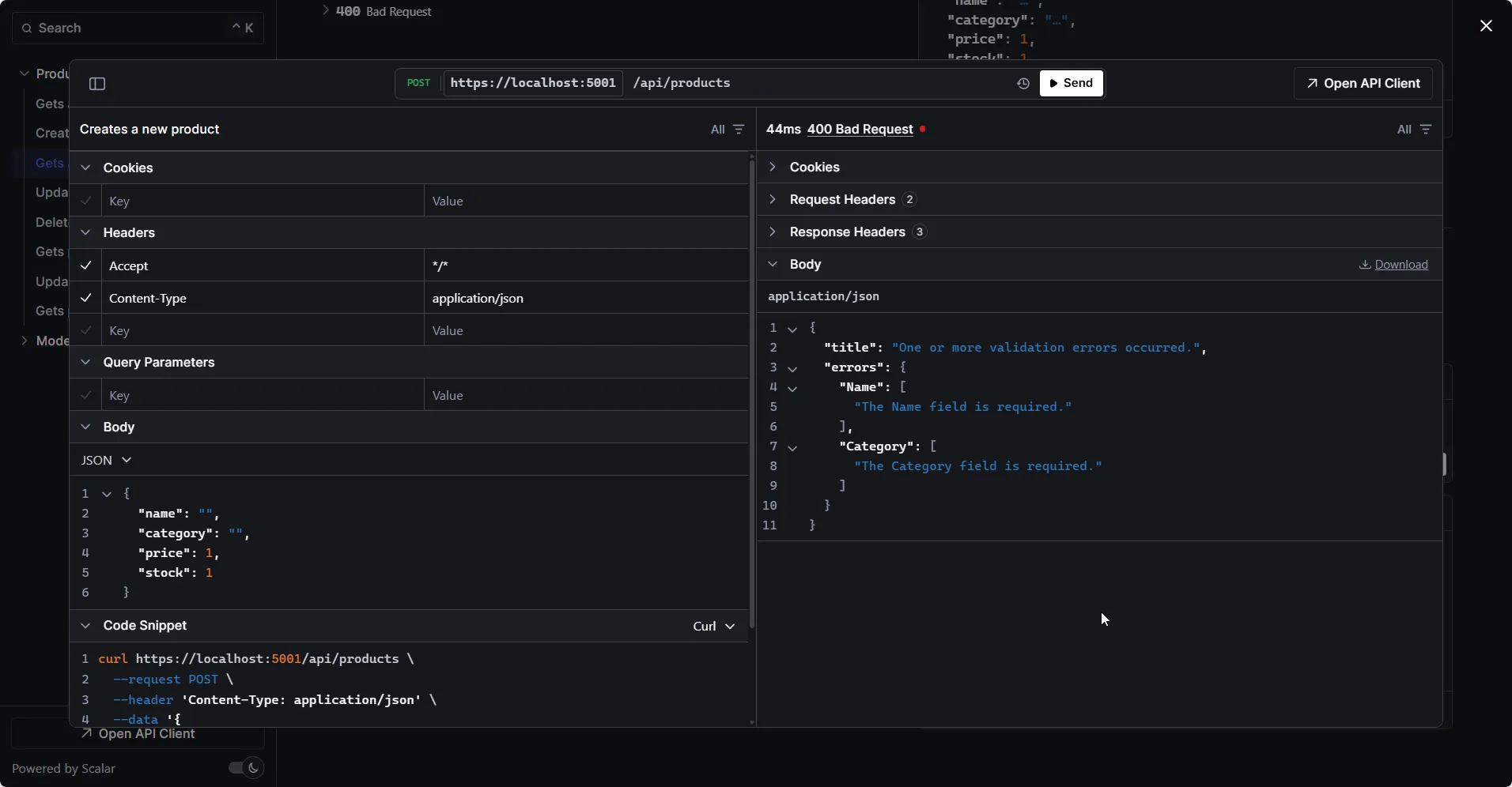 Validation error response in Scalar