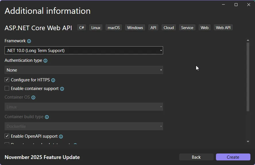 Visual Studio 2026 new project dialog